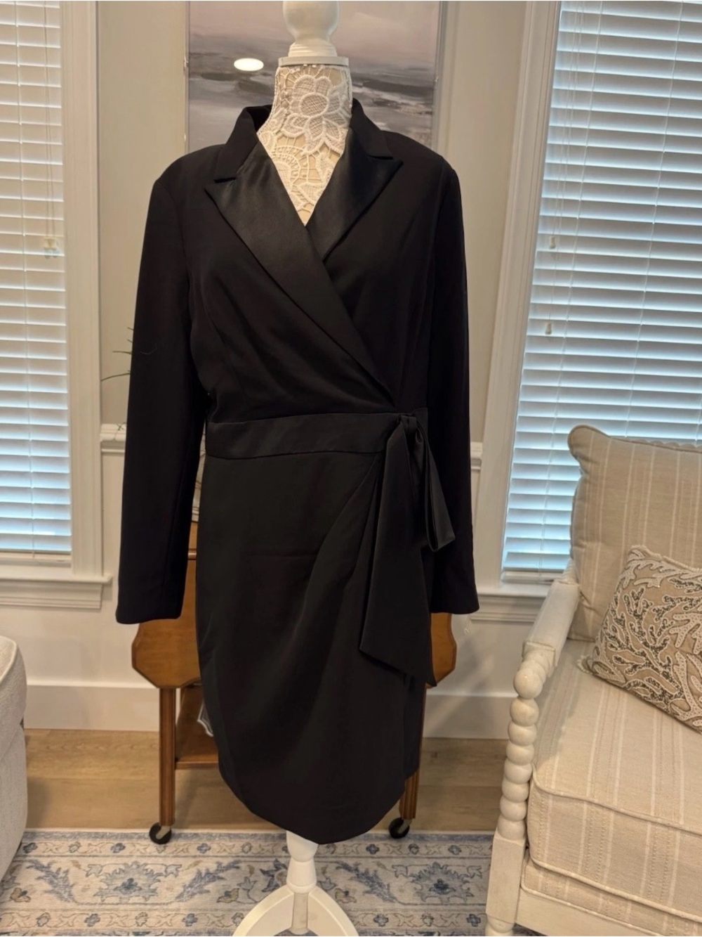 Lauren Ralph Lauren Black Long-Sleeve Tux Faux Wrap Dress with Tie Waist